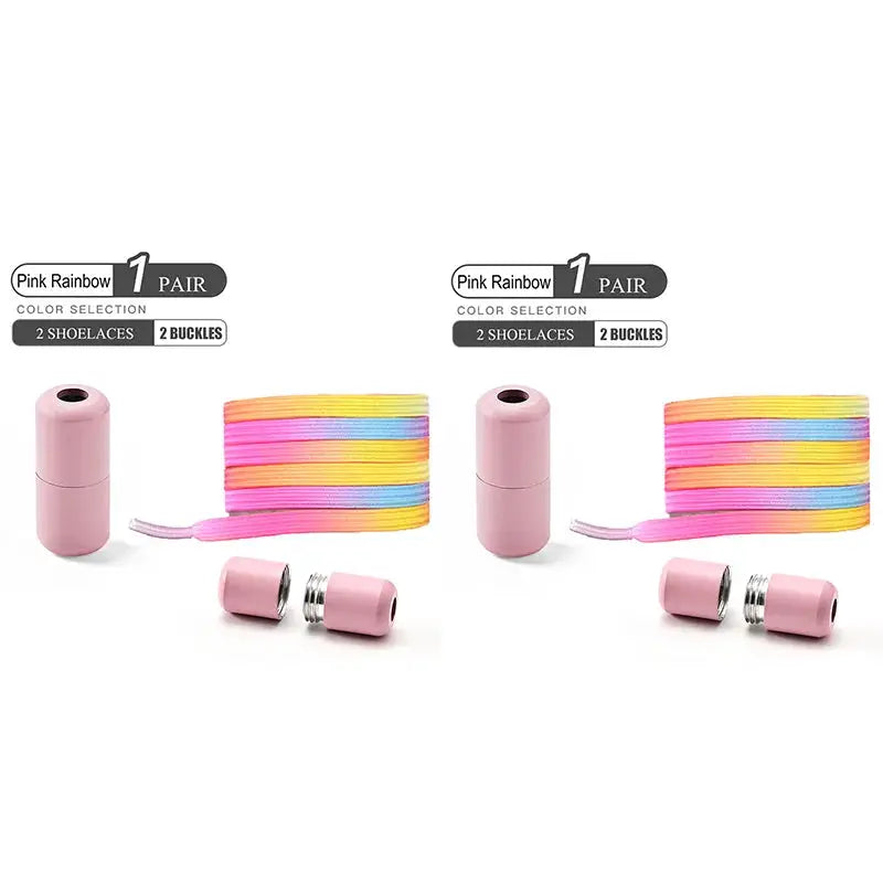 Two sets of no-tie elastic shoelaces in pink rainbow color with pink buckle ends