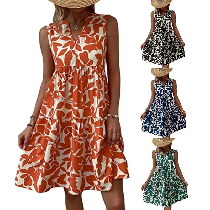 Women Boho Print Mini Dress Sleeveless V Neck Ruffle Beach Sundress