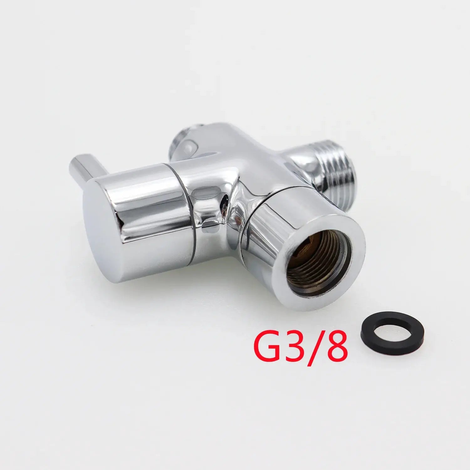 Chrome bidet T-adapter with shut-off valve for handheld spray; 3-way, fits 7/8, 1/2, 3/4, 3/8 threads.