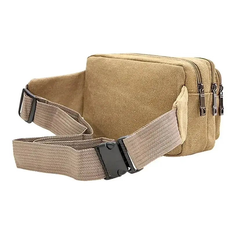 Canvas waist bag in tan with adjustable beige strap and multiple zip pockets for outdoor use