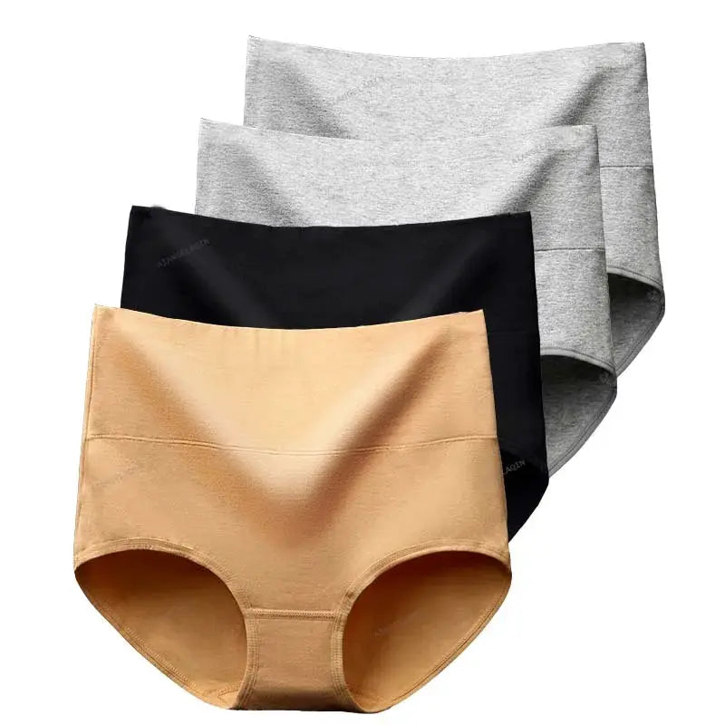 Simples Market 4-pack high-waist cotton panties for plus-size women, nude, black, and two gray shades.