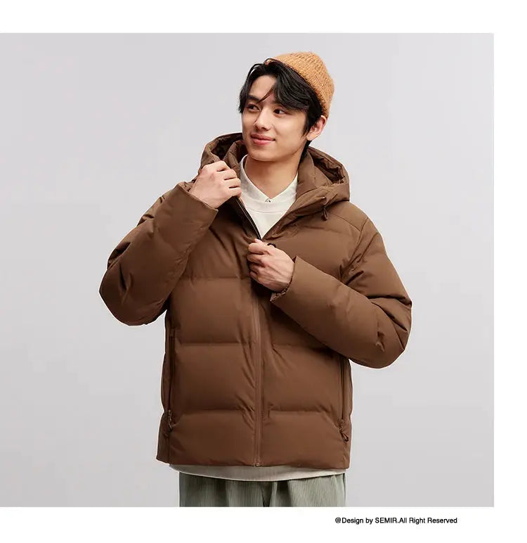 Semir men's brown hooded down jacket, waterproof puffer with front zipper