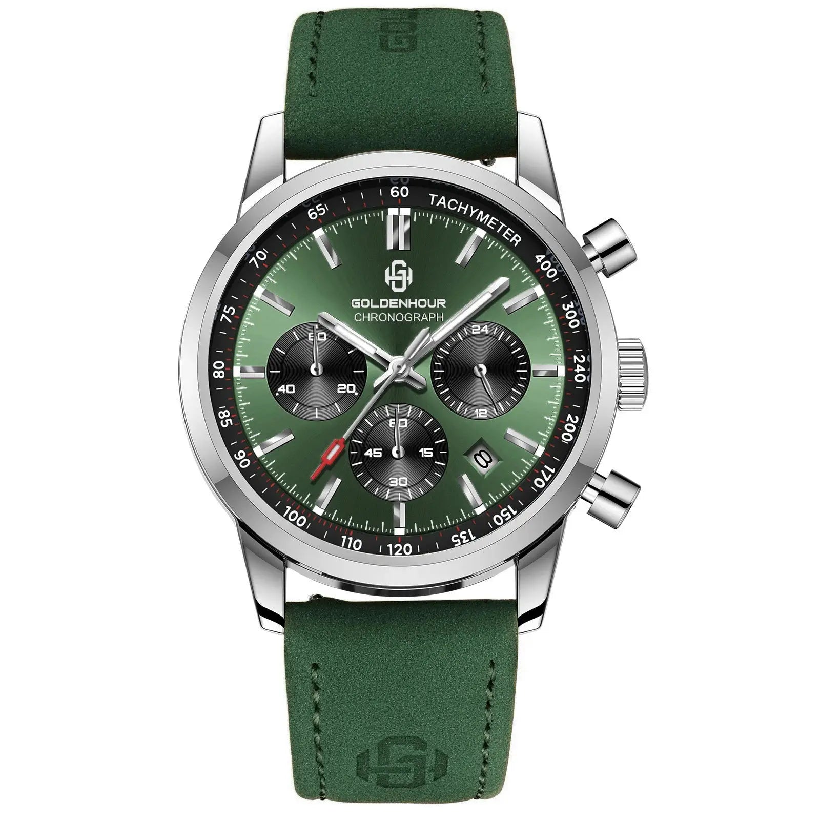 Men's GoldenHour green chronograph watch with stainless steel case and green leather strap
