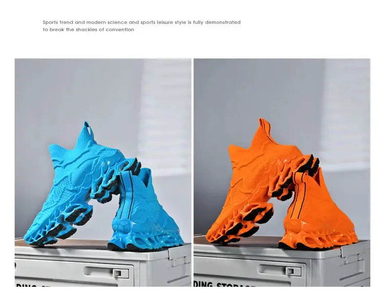 Two pairs of sneakers in blue and orange with sculpted outsoles.