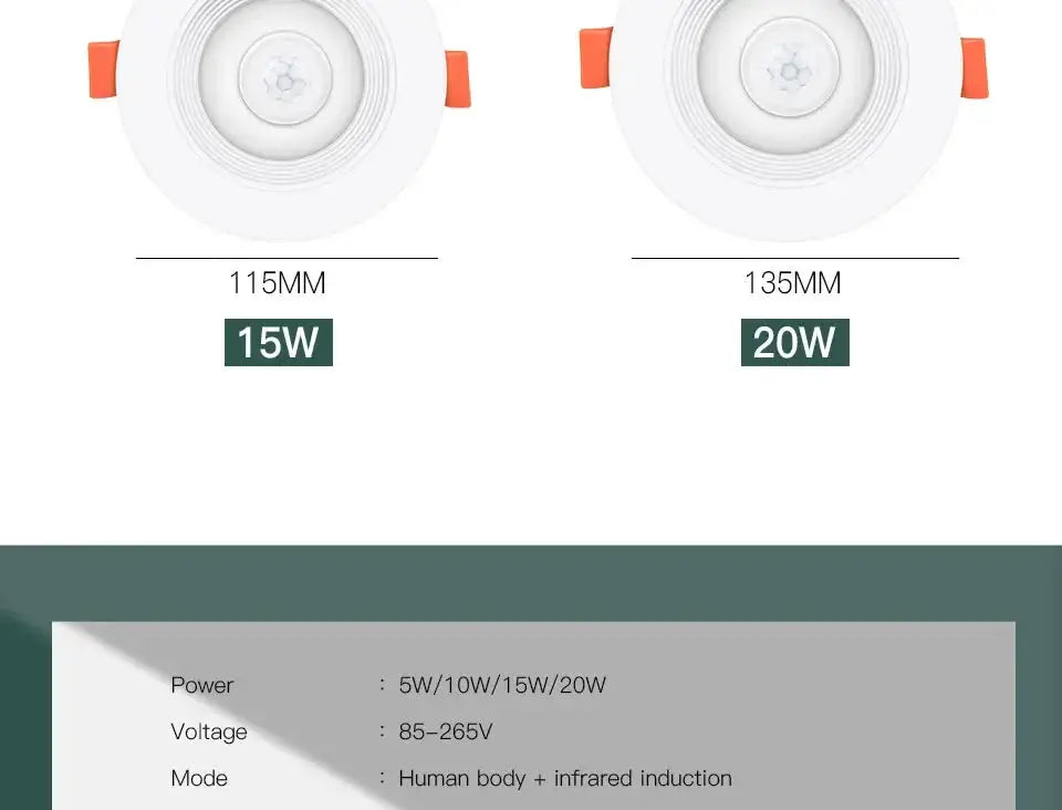 PIR motion sensor LED downlight pair, white recessed ceiling lights from Simples Market with orange mounting tabs.