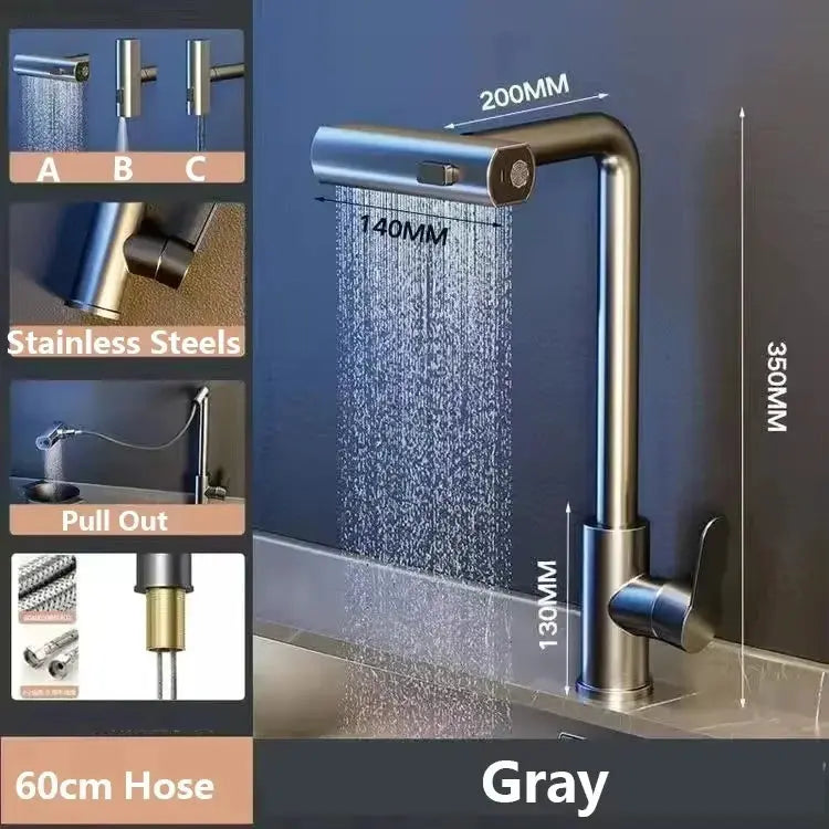 Simples Market grey/silver pull-out kitchen faucet with flexible hot and cold water, deck-mounted, stream shower mode