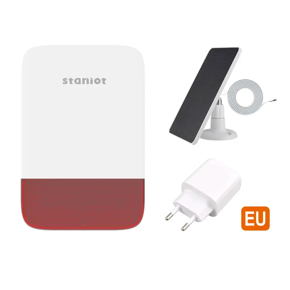 Staniot wireless strobe siren kit with solar panel, mounting stand, and EU plug; white unit with red bottom