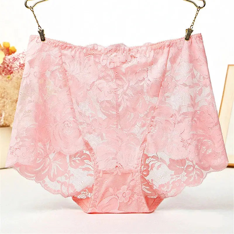 Pink lace high-waist panties for women, floral lingerie.