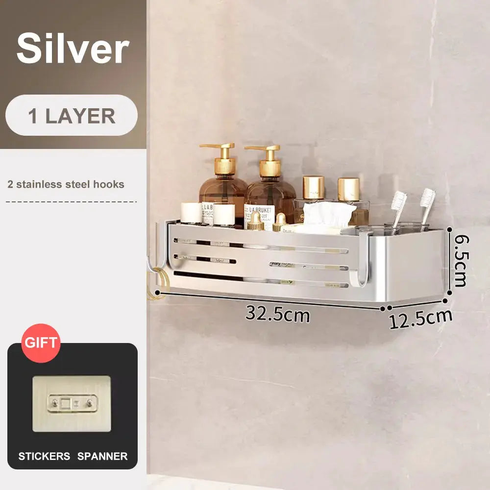 Simples Market silver bathroom corner shelf with towel bar, space aluminum, 1-layer storage, 2 stainless steel hooks