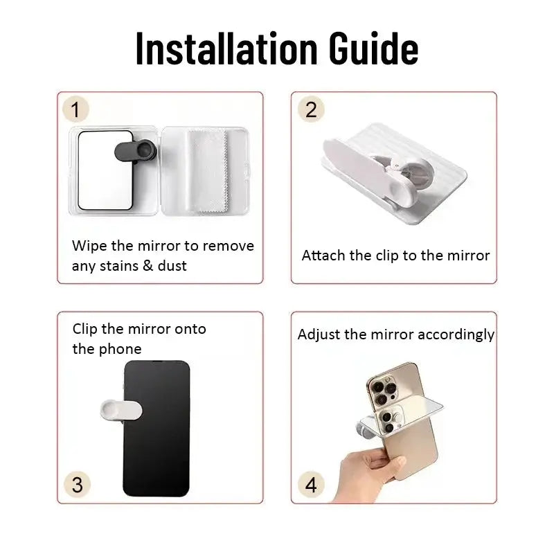 Portable mobile phone camera reflector by Simples Market; guide shows cleaning, clipping, attaching, adjusting.
