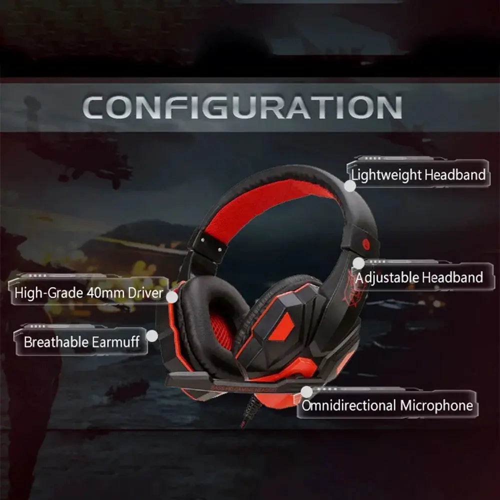 Simples Market 3.5mm wired gaming headset with microphone, black and red, adjustable headband, 40mm drivers