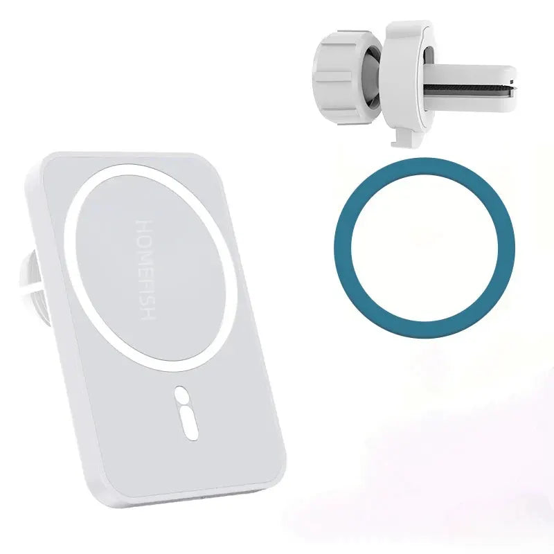 HOMEFISH magnetic car charger by Simples Market; three-piece white pad with circular ring, blue spacer and mount.