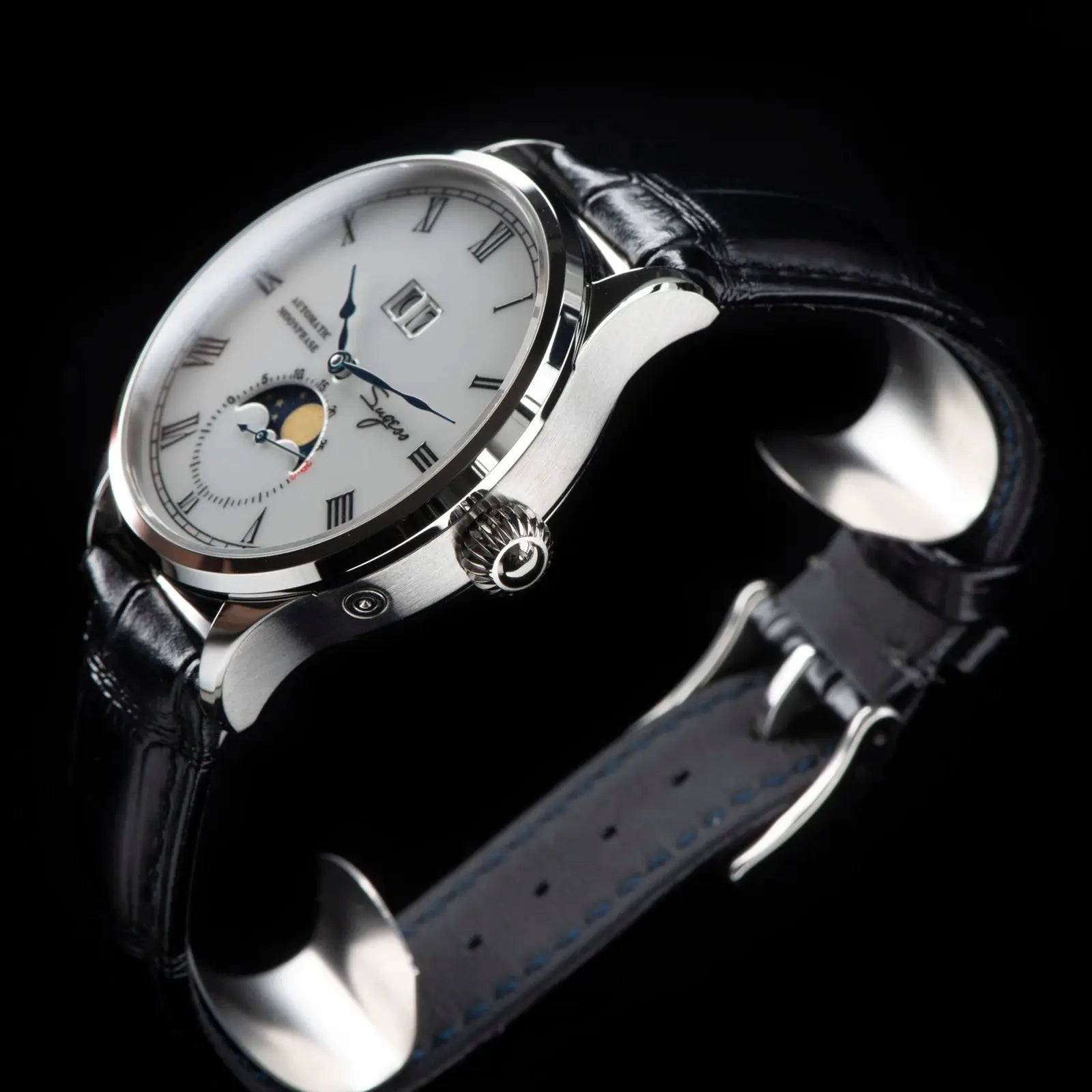 Sugess Tianjin ST25 moonphase men's watch with white dial, Roman numerals, blue hands, black leather strap
