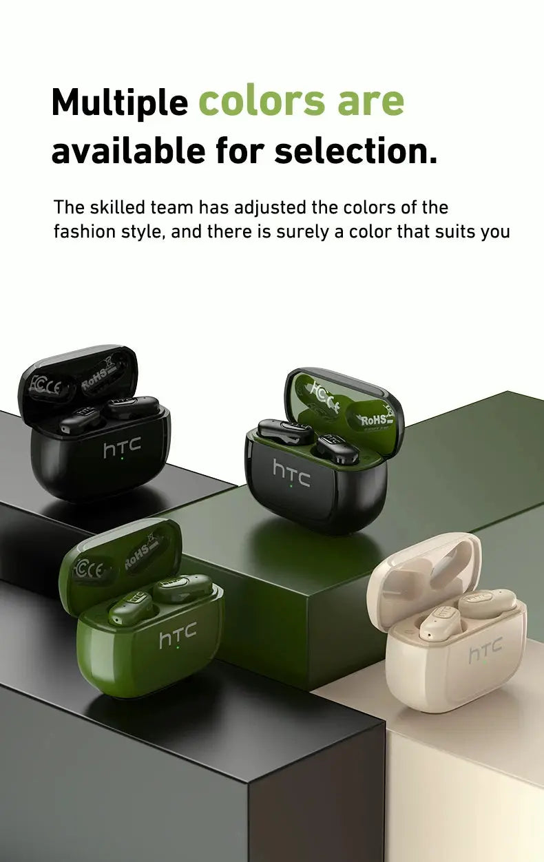 HTC NE51 TWS mini wireless earbuds in green, black, olive, and beige cases on display