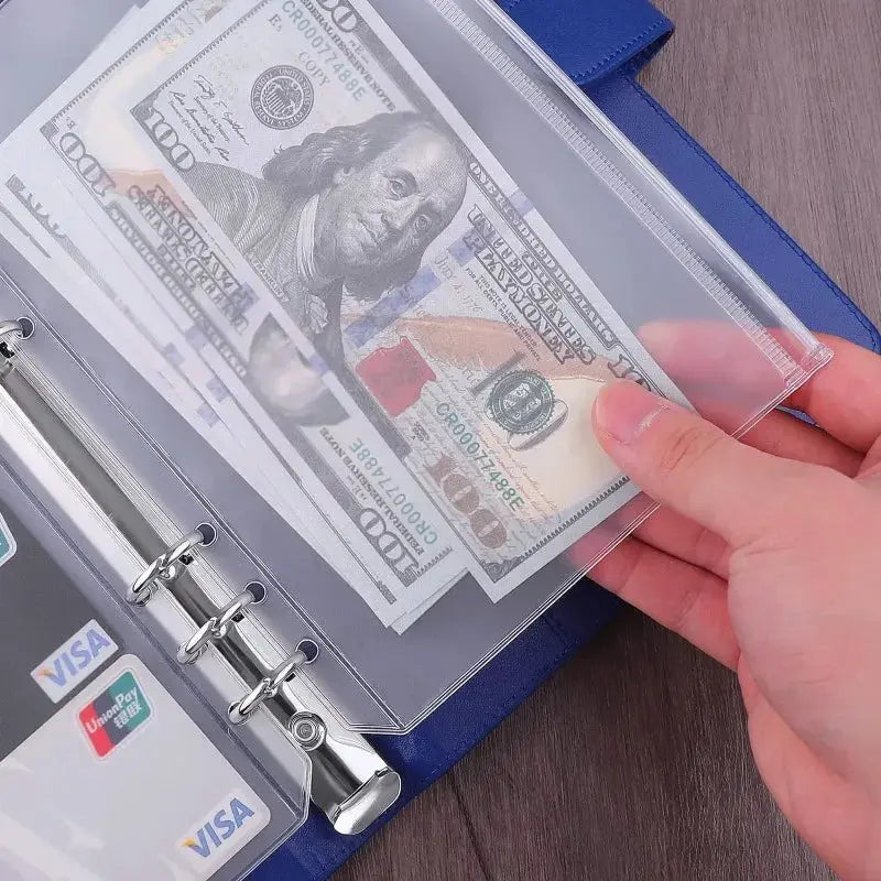 8-pack PVC binder pocket cash envelopes with zipper; for A5/A6/A7, clear pockets in blue binder, Simples Market