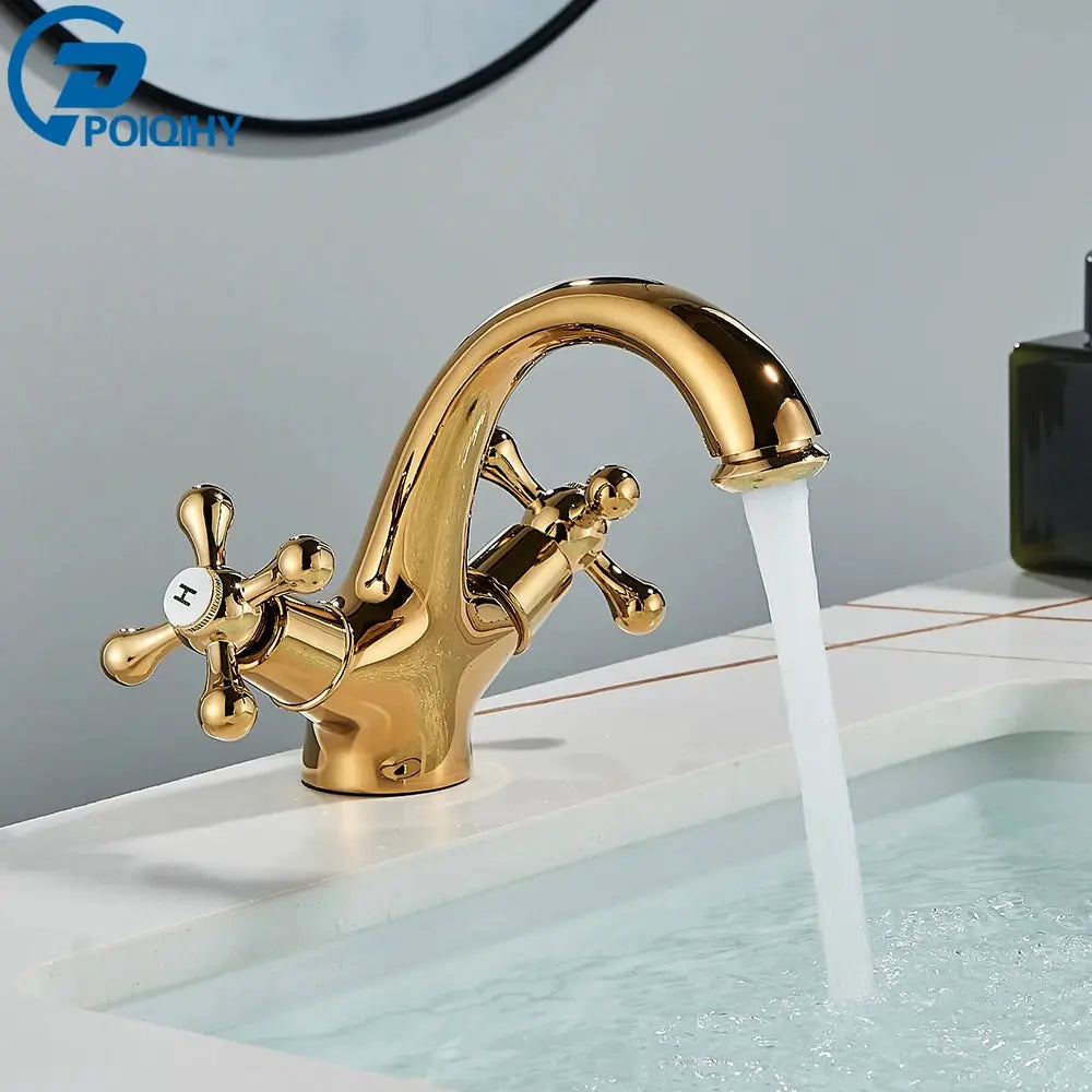 Antique gold-tone brass bathroom faucet mixer with two cross handles, deck-mounted hot and cold water, POIQIHY