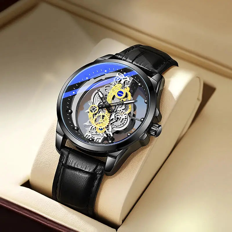 Men's skeleton automatic watch with gold-tone gears and black leather strap