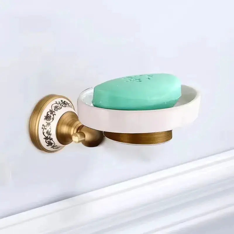 Antique brushed solid brass wall-mounted soap holder with porcelain dish and teal soap