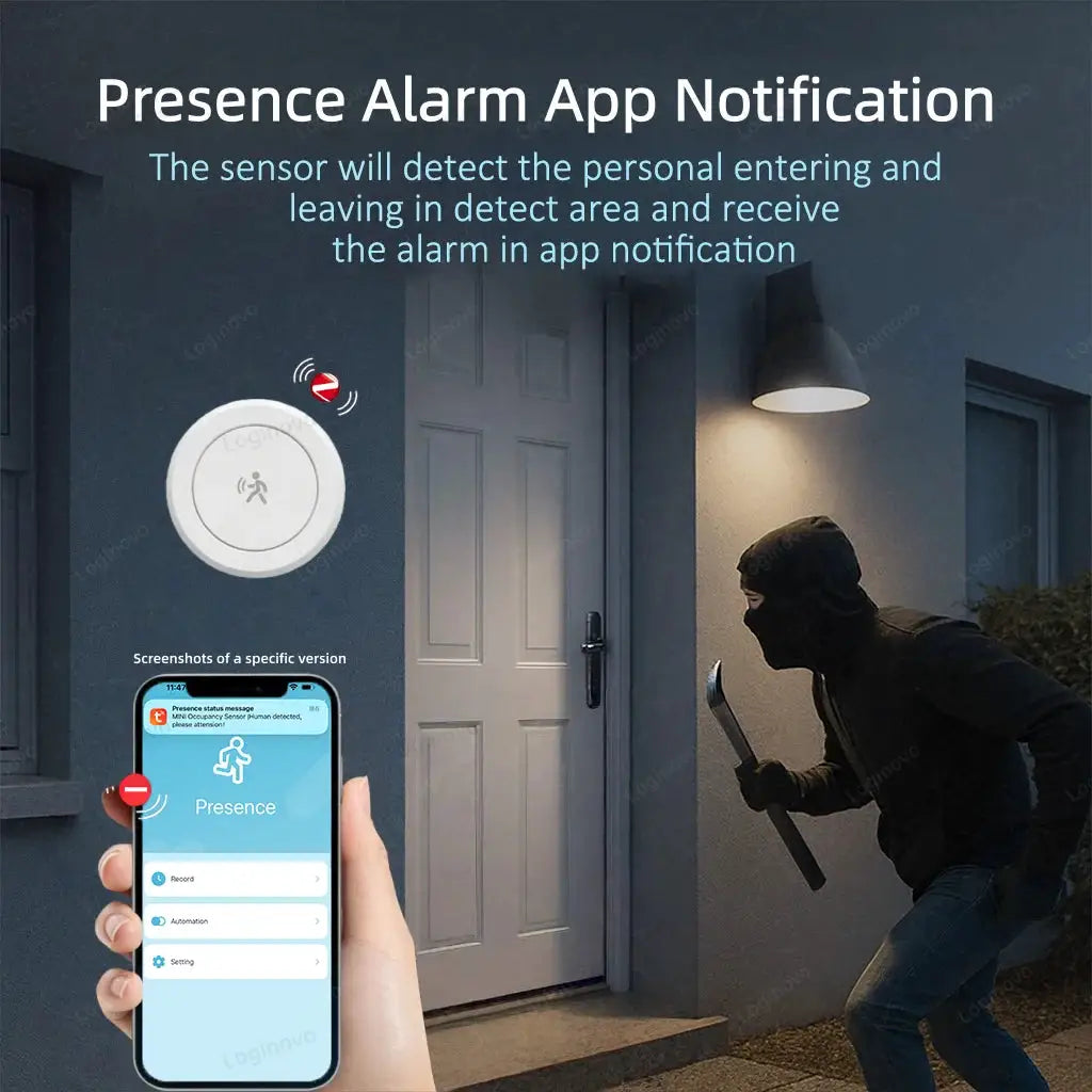 Simples Market round white ZigBee motion sensor mounted near a door; smartphone displays Presence app.