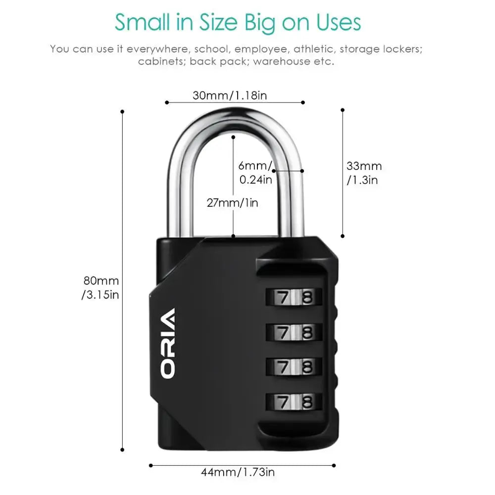 ORIA four-digit combination padlock, black weatherproof lock with silver dials for doors, suitcases and lockers.