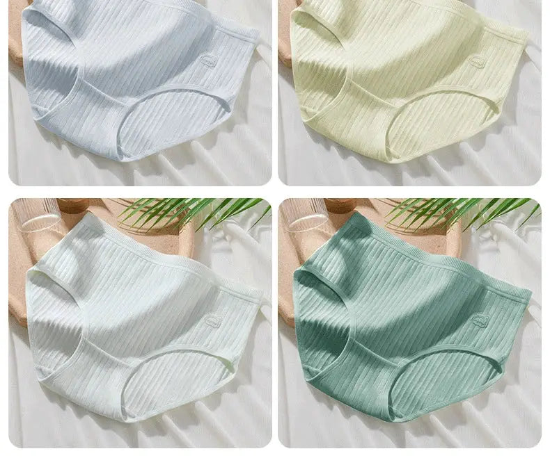 Women's cotton high-waist antibacterial briefs by Simples Market in blue, pale yellow, white and green (4 pcs).