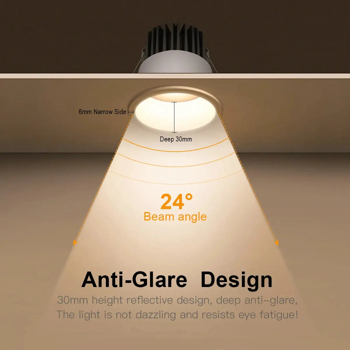 Aluminum LED spotlight bulb with 24° beam angle and anti-glare design for recessed ceiling downlight.