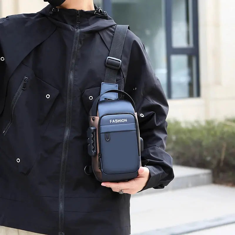 Men's anti-theft chest bag crossbody with USB charging, navy blue sling bag