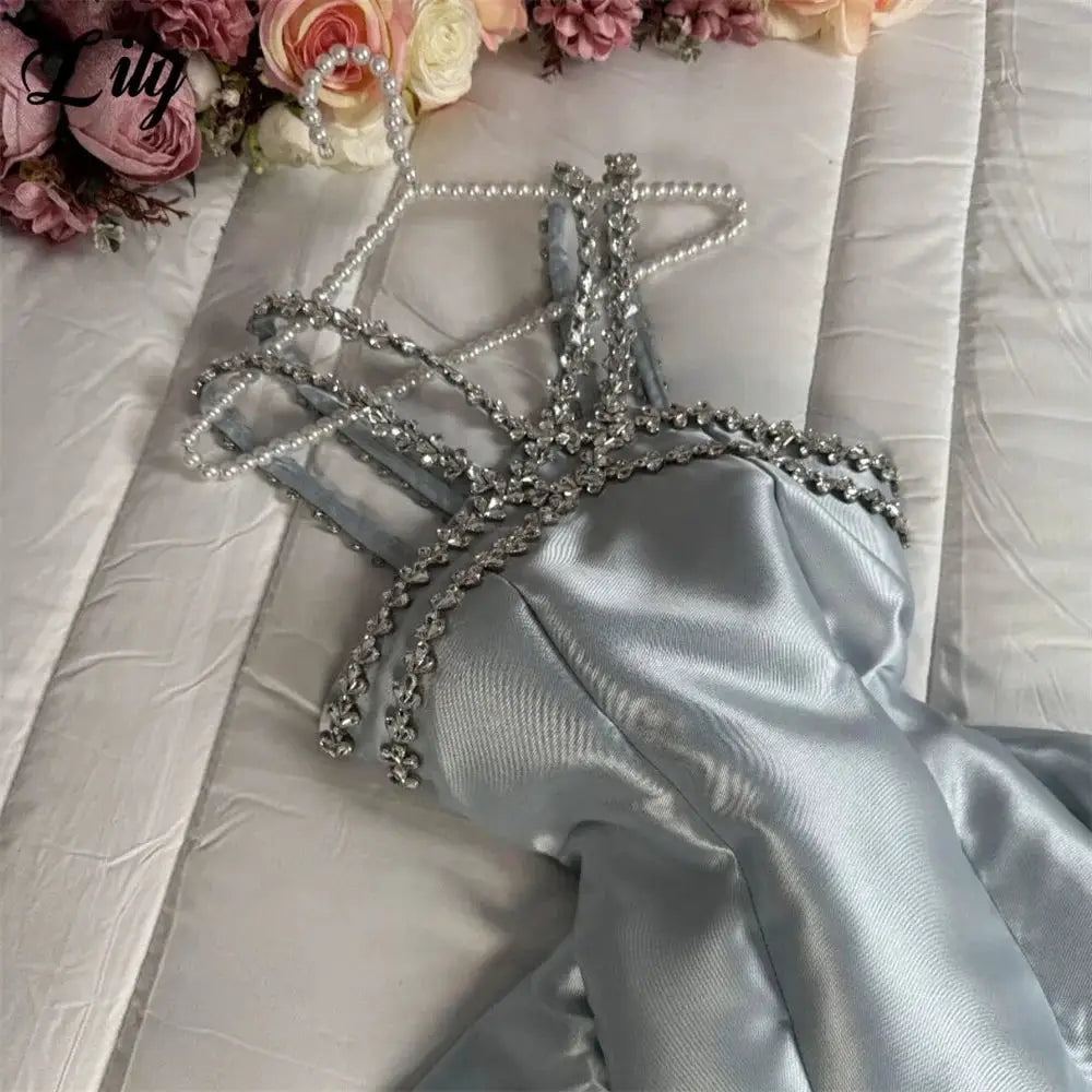 Lily Light Blue Prom Dress With Shiny Beading Halter Detachable Train