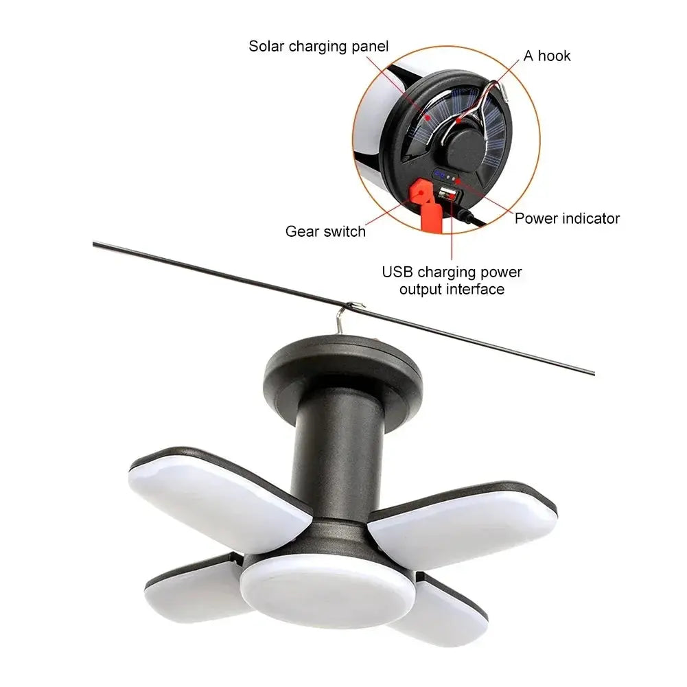 Simples Market outdoor LED leaf camping lamp, solar USB rechargeable tent lantern with hanging hook power indicator
