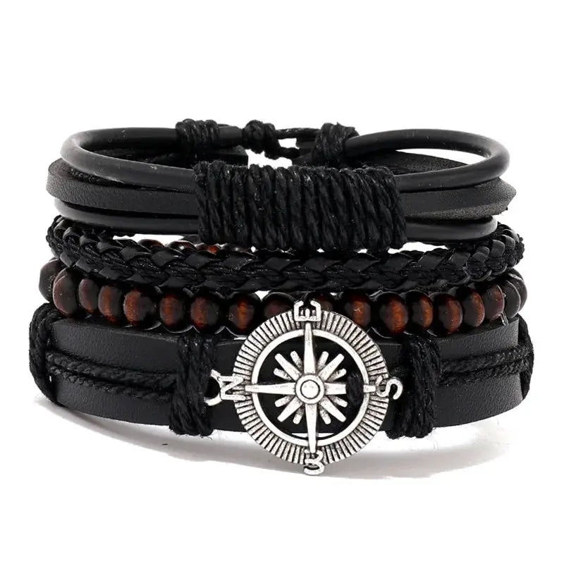 4 Piece Set Braided Leather Wrap Bracelets For Men Vintage Life Tree Rudder Charm Wood Beads Ethnic Tribal Wristbands