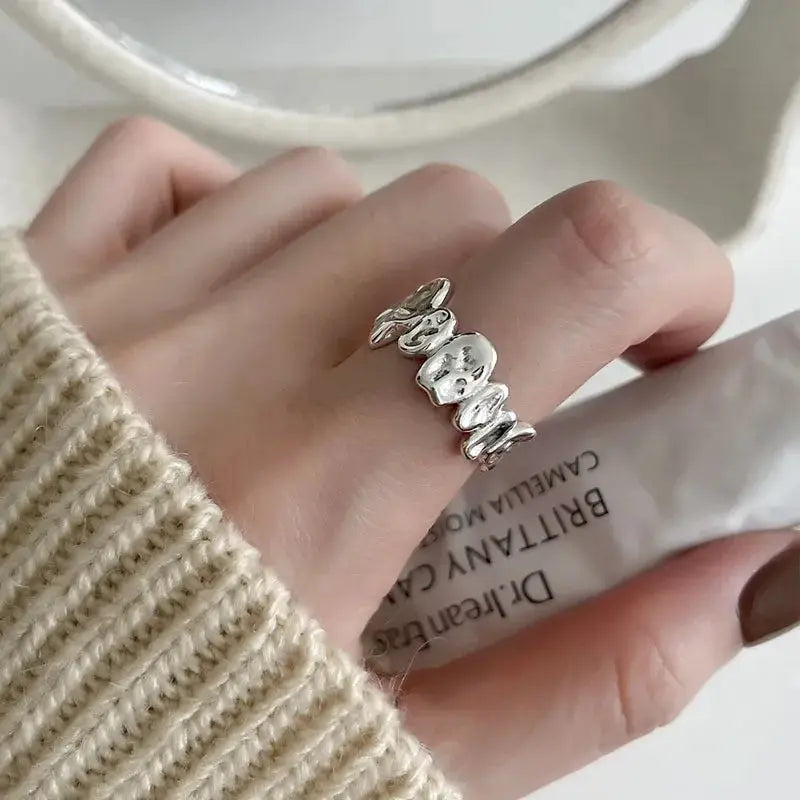 Ventfille 925 Sterling Silver Rings Fashion Hip Hop Vintage Couples Hollow Lines Punk Silver Party Adjustable Jewelry