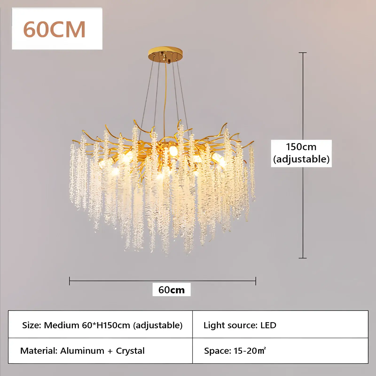 Crystal chandelier by Simples Market; modern aluminum frame with gold finish, 60cm wide, LED, adjustable to 150cm