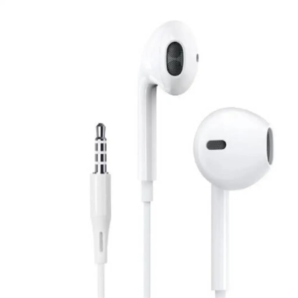 White wired earphones with 3.5mm jack, stereo sound for phones and computers