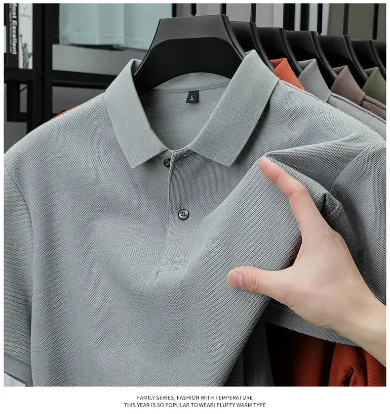 Men's polo shirt, light gray, 100% cotton, breathable knit, on hanger