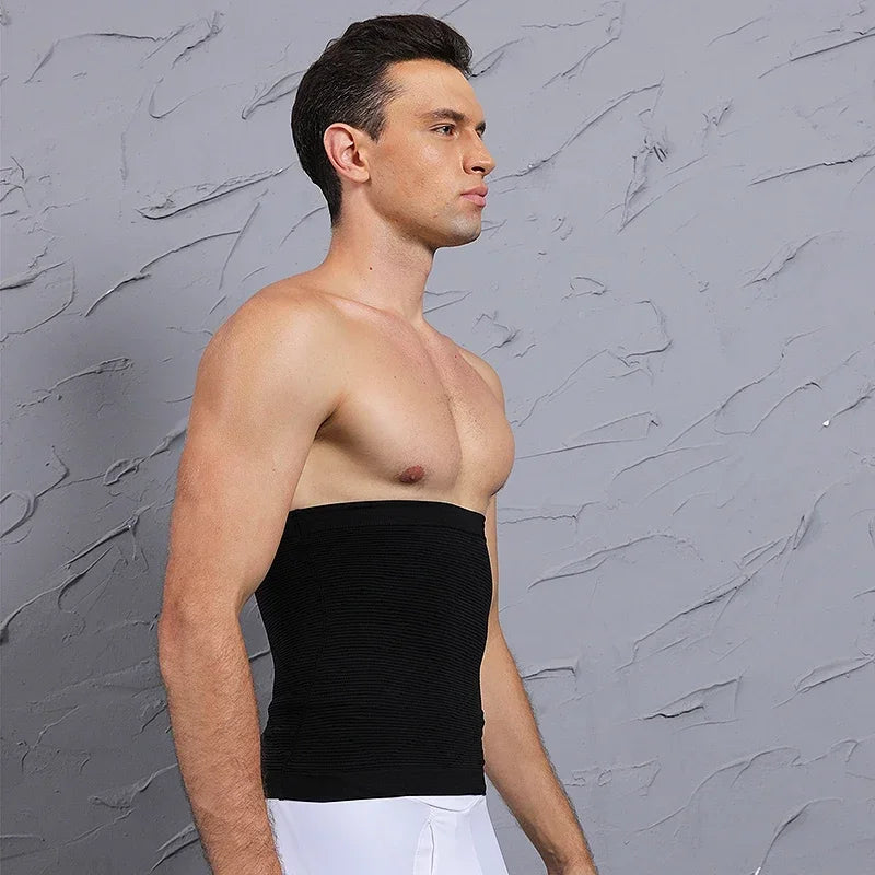 Men's black waist cincher shapewear, elastic torso trainer for tummy control and abdomen compression.