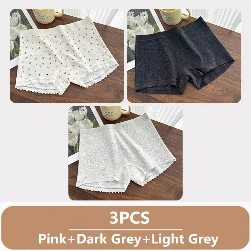 3PCS women's underwear set: pink, dark grey, and light grey mid-waist boxer shorts with breathable lace trim