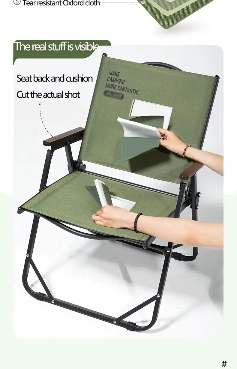 BISINNA outdoor folding camping chair in green olive fabric with black frame and wooden armrests by Simples Market
