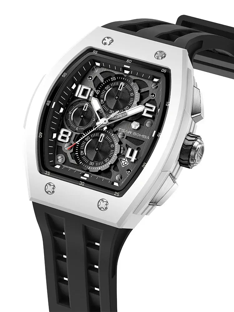 TSAR BOMBA men's wristwatch; stainless steel tonneau case, black dial with chronograph subdials, rubber strap