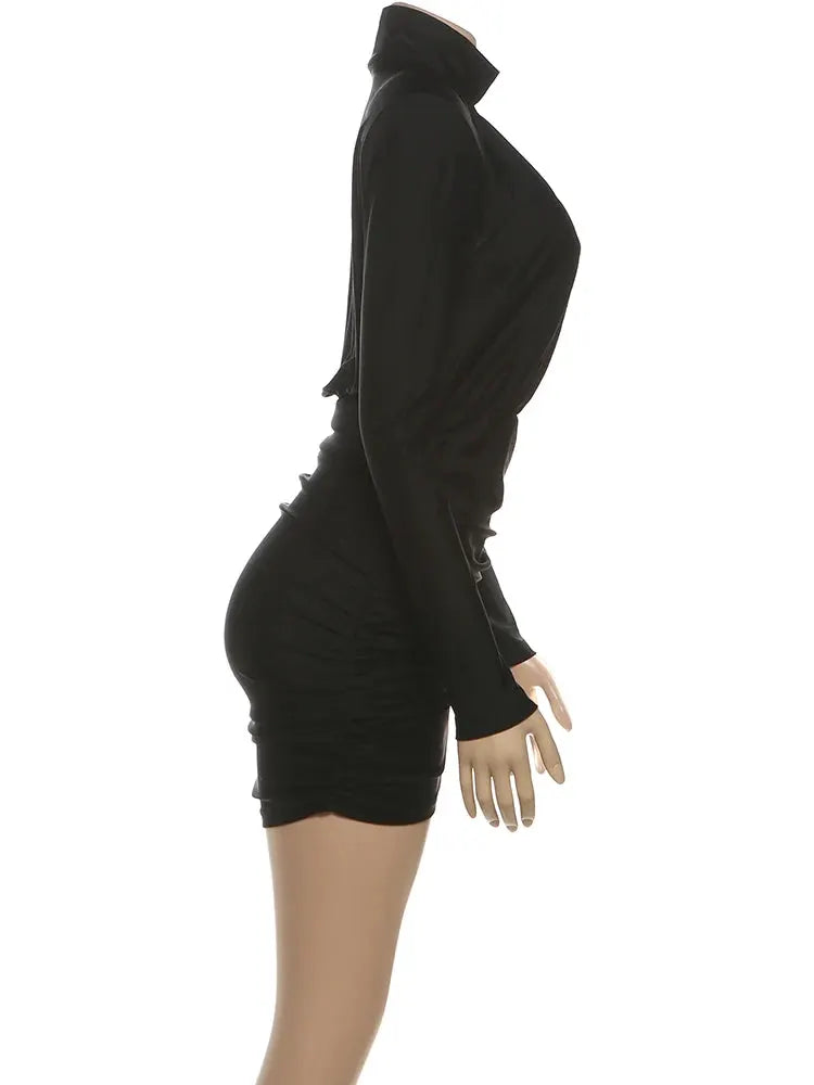 Nibber Turtleneck Dress Women Shoulder Ruched Peach Mini Bodycon