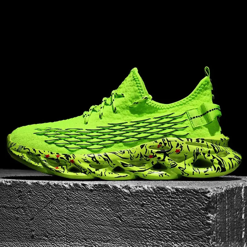 Men's neon lime green sneakers with knit upper, black lattice overlay, padded collar, and chunky marbled sole.
