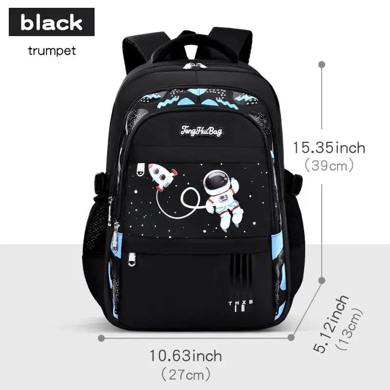 Backpack for boys, black astronaut-themed school bag, waterproof with multiple pockets and laptop sleeve.