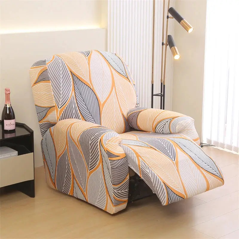 Recliner cover by Simples Market in yellow-gray leaf print; stretchy fabric
