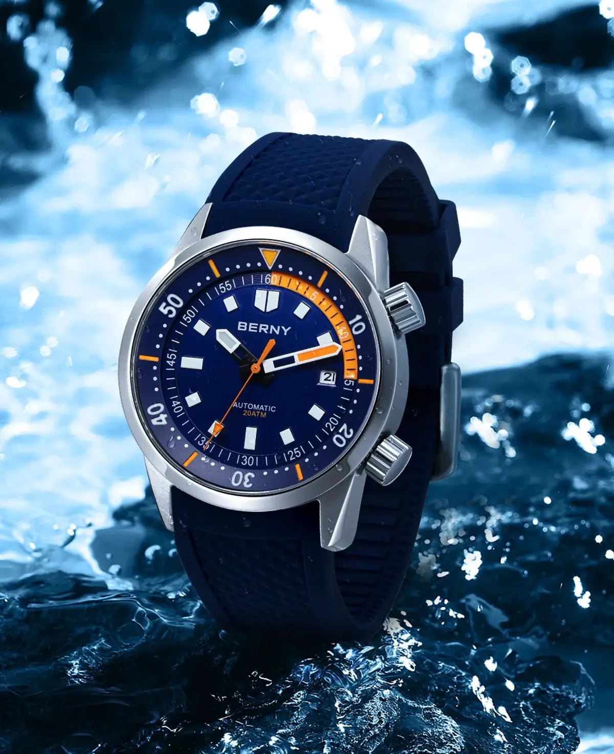 BERNY men's dive watch with blue dial, orange accents, 42mm stainless case and blue silicone strap, 200M water resistant