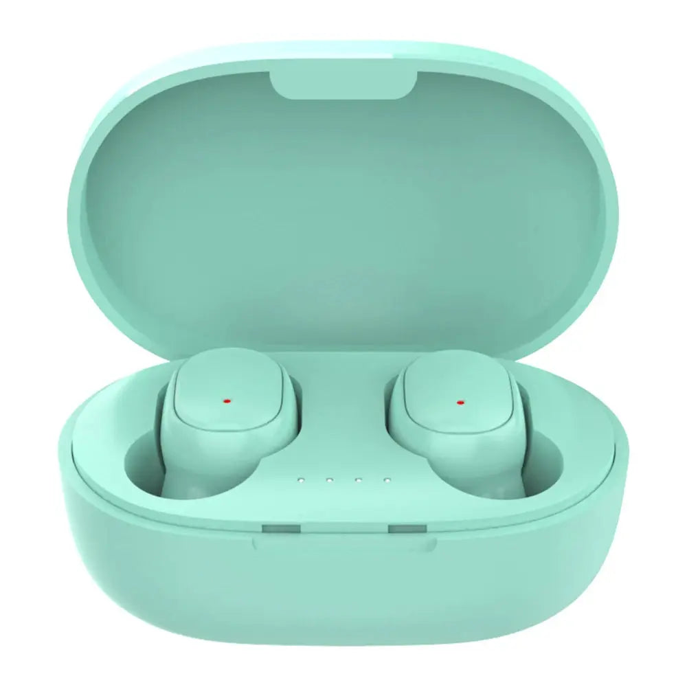 A6S wireless Bluetooth earphones with mint green charging case by Simples Market