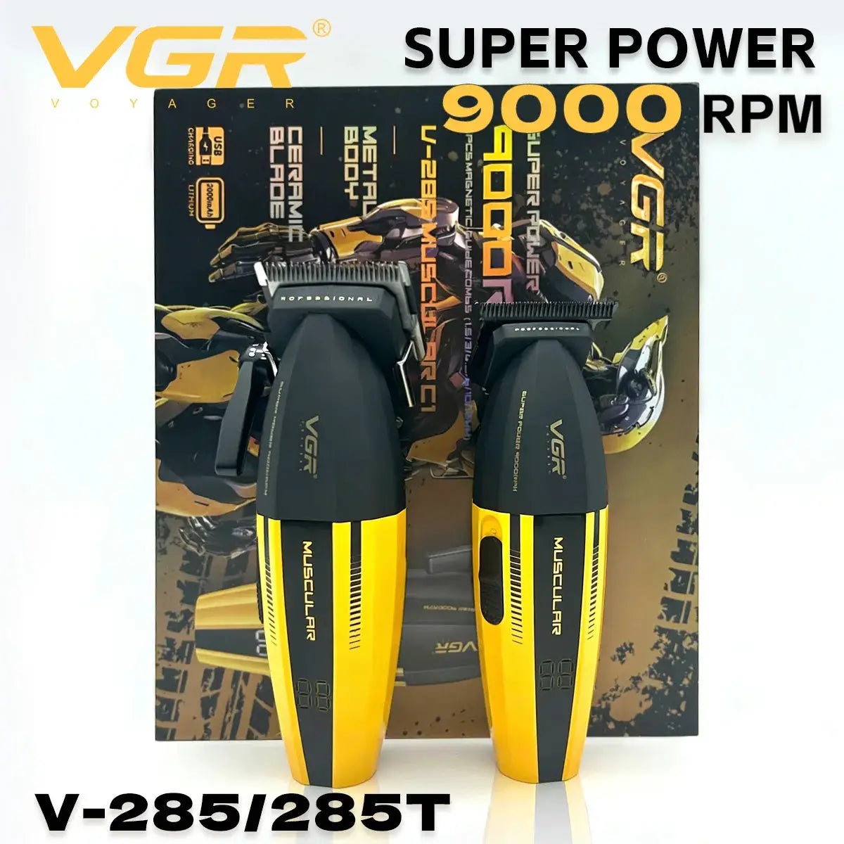VGR V-285 hair trimmer set; two yellow and black metal clippers with adjustable blades, Simples Market