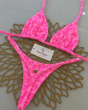 Pink leopard print halter bikini set with thong bottoms, chic Y2K beachwear swimsuit