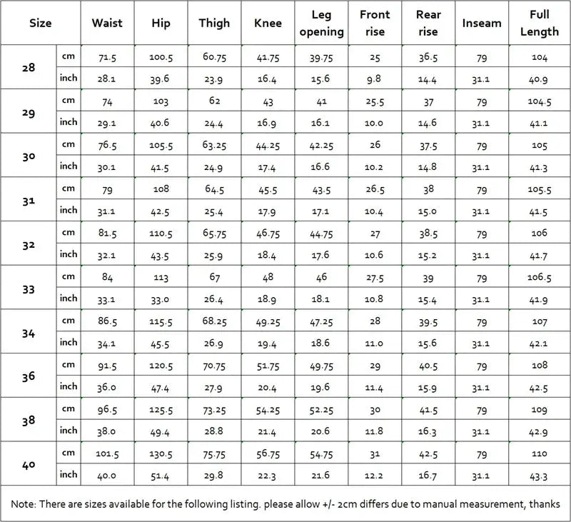 Red Tornado American jeans size chart by Simples Market showing waist to full length for sizes 28–40.