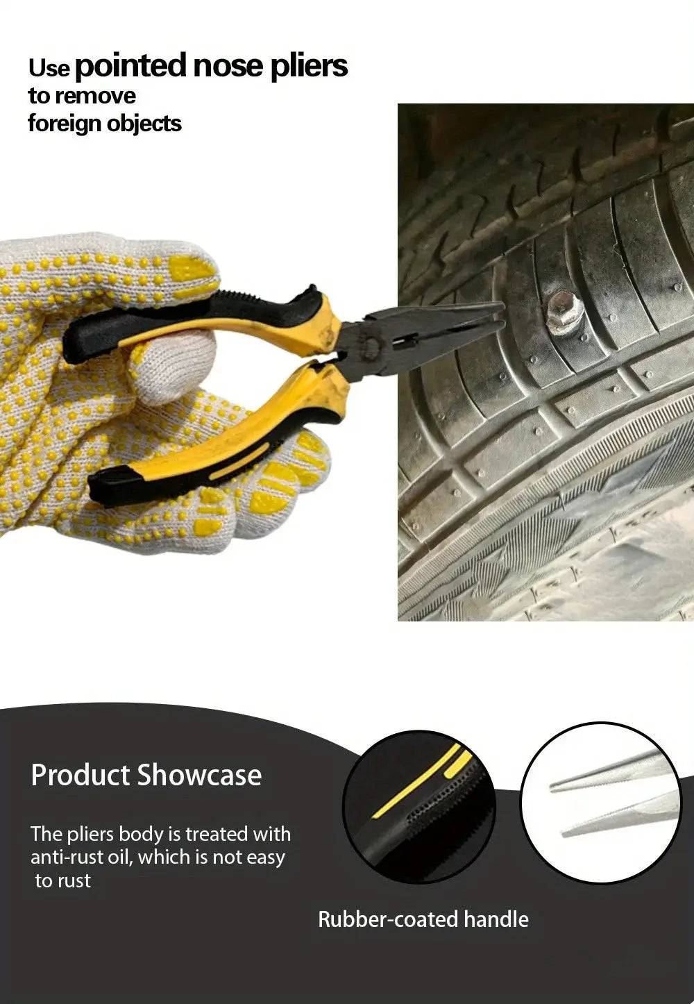 Ultimate tire repair tool kit with yellow rubber-coated pliers beside a car tire