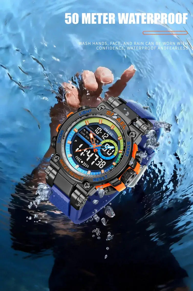 SMAEL 8141 digital sport watch with alloy case and blue TPU strap, 50m water resistance and stopwatch