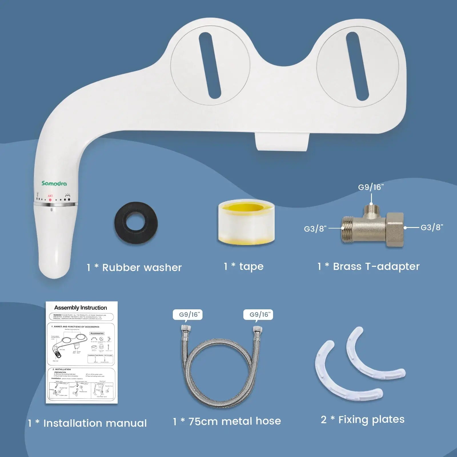Samodora white slim bidet attachment for toilet with dual nozzles; includes 1 rubber washer and 1 brass T-adapter